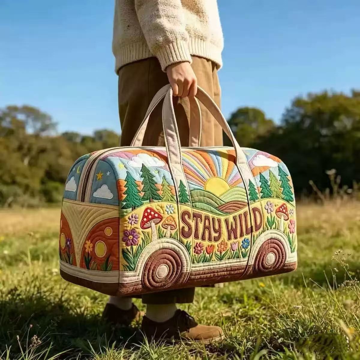 Outdoor Adventure Quilt - Vintage Karavan Desenli Kapitone Seyahat Çantası